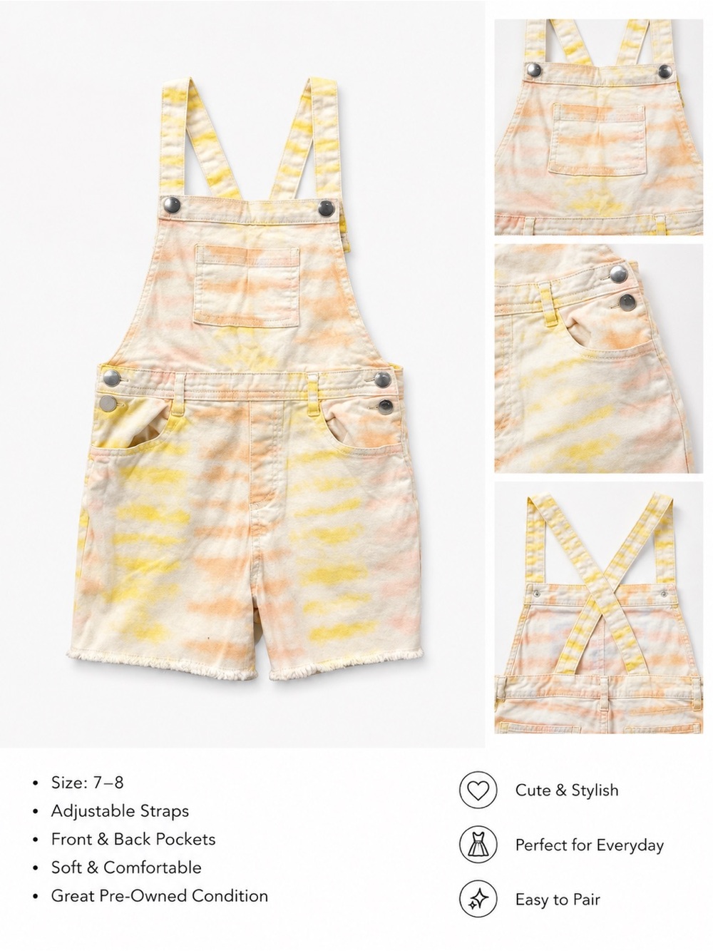 Kids Tie-Dye Short Overalls - Yellow & Peach